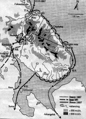 Схема экспедиций Рамзая по Кольскому полуострову